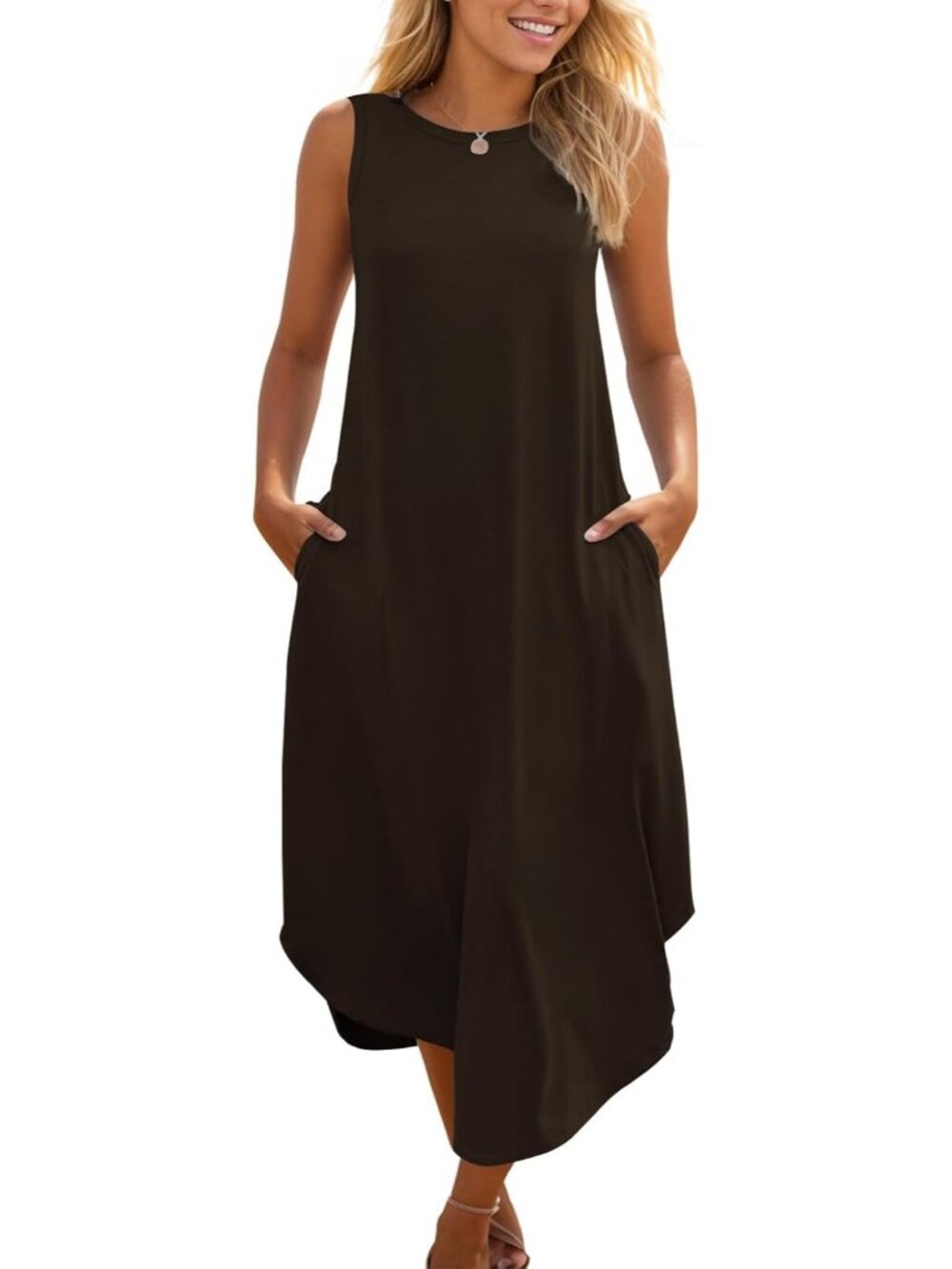 Women's Coffee Casual Summer Sleeveless Dress Beach Sundress Split Long Dress
